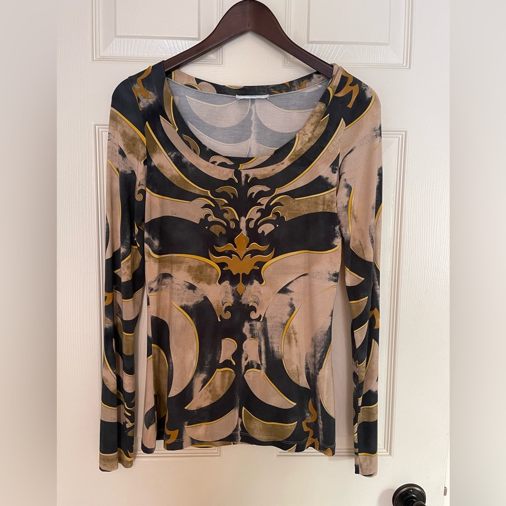 Emilio Pucci Black, Beige & Gold Long-Sleeve Printed Top